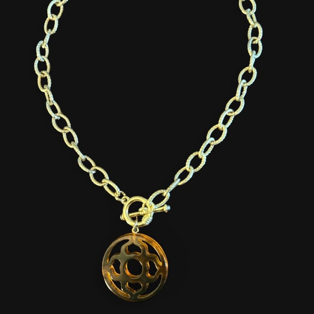 Gold-Tone Chunky Link Statement Necklace with Round Pendant